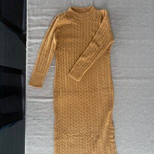 Cozy Cable Knit Sweater Dress – Mustard Yellow – Long Sleeve - Midi Length